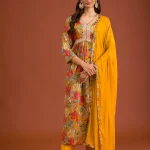 Mustard Printed Semi Crepe Readymade Salwar Suit